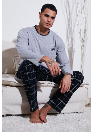 Buratti Pamuklu Regular Fit Bisiklet Yaka Ekoseli Erkek Pijama Takımı 6574001 Gri