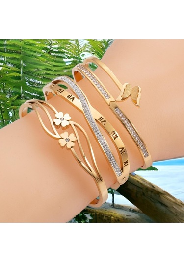 Zirkon Taşlı Kelebekli Çelik Kelepçe Bileklik - Vıp Serisi Gold Renk Lüks Takı Modası