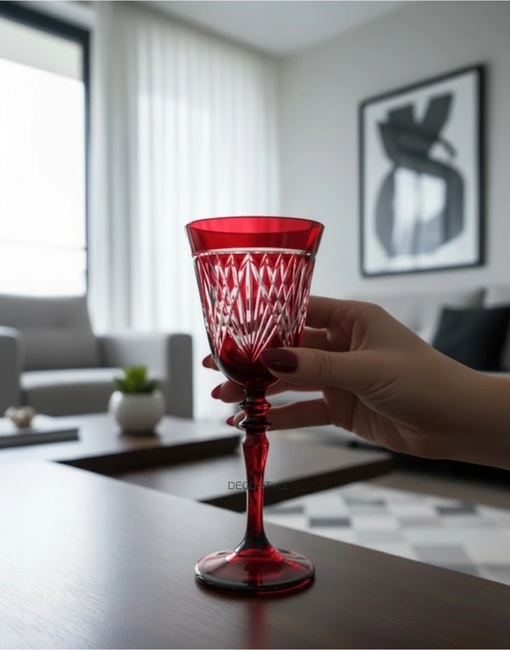 Bella % 100 El Yapımı Dekorlu Cam Kadeh Bardak Paşabahçe Kırmızı