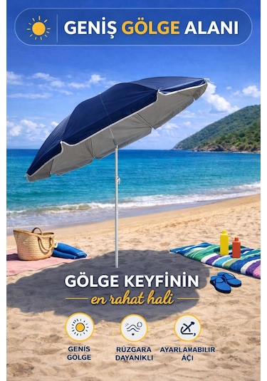Lacivert 170 Cm Ayarlanabilir Düz Renk Kumaş Plaj Şemsiyesi