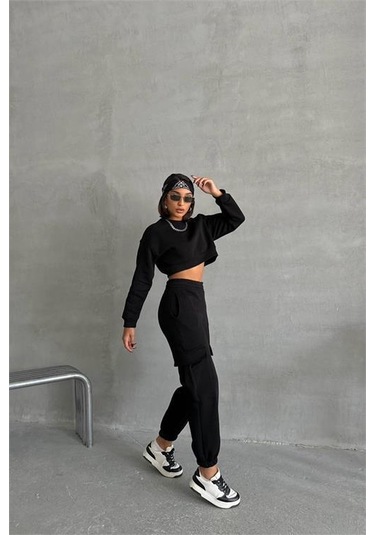 Dip Moda Kadın Bisiklet Yaka Crop Eşofman Takımı Dpnbg041 Siyah