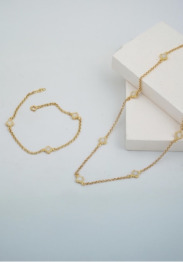 Bilezikci Beyaz Yoncalı Kolye Bileklik 14 Ayar Set