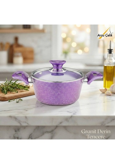 20 Cm Granit Derin Tencere Cam Kapak - Violet Violet