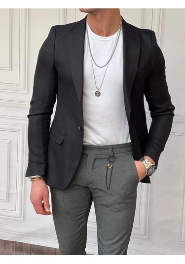 Modefendi Petek Örme Pamuk Likra Slimfit Kalıp Tek Ceket Siyah
