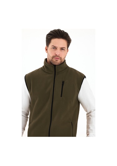 Erkek Tam Fermuarlı Spor Polar Yelek Haki