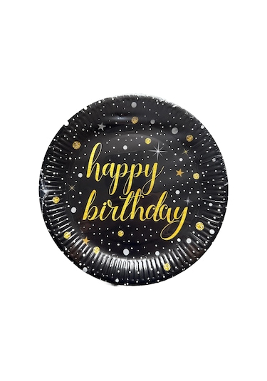 Roll-up Doğum Günü Işıltılı Siyah Happy Bithday Yazılı Karton Tabak - 22 Cm. - 8 Adetlik 5 Paket Pembe