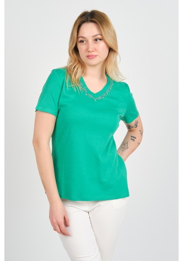 Ella Camelia Kadın Yakası Taş Ve Süs İşlemeli Kısa Kollu Pamuklu Bluz 24e002 Yeşil Yeşil