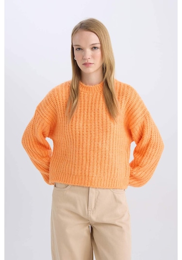 DeFacto Coool Oversize Geniş Kalıp Bisiklet Yaka Triko Kazak V1811AZNSOG162 Turuncu