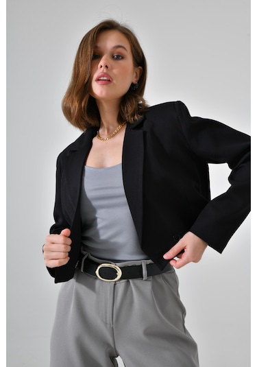 Siyah Kruvaze Crop Blazer Ceket Siyah