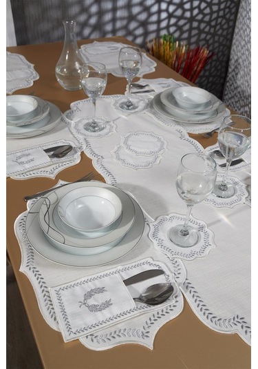 Nişan Keten Nakışlı Amerikan Servis Takımı 19 Parça Silver Gümüş
