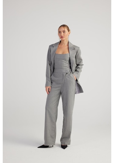 Holly Lolly Oversize Kesim Simli Çizgili Eden Blazer Ceket Gri