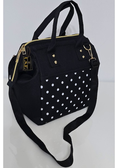 Sıcak, Soğuk Isı Yalıtımlı Termal Termoslu Yemek, Mama, Beslenme, Gıda İçin Askılı Taşıma Çantası Siyah Puantiye Siyah