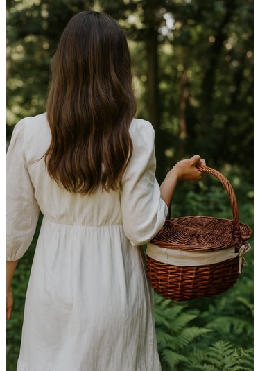 Krem Kumaş Detaylı Hasır Piknik Sepeti 40x30x19 Cm Kapaklı Termoform Sepet Brown