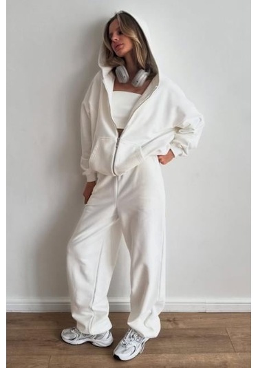 Beyaz Geniş Paça Basic Kadın Eşofman Altı Mg2553 Beyaz