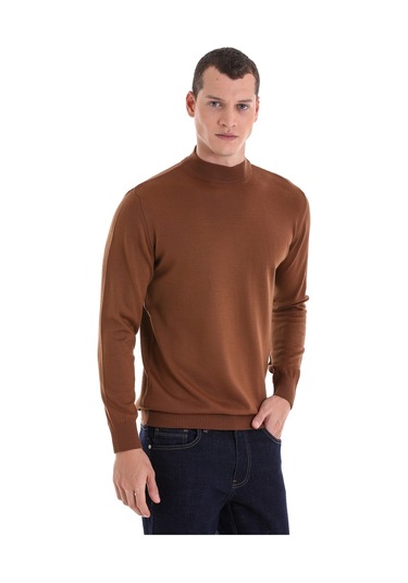 Hatemoğlu Kahverengi Regular Fit Düz Yarım Balıkçı Yaka Yünlü Triko Kazak Kahverengi