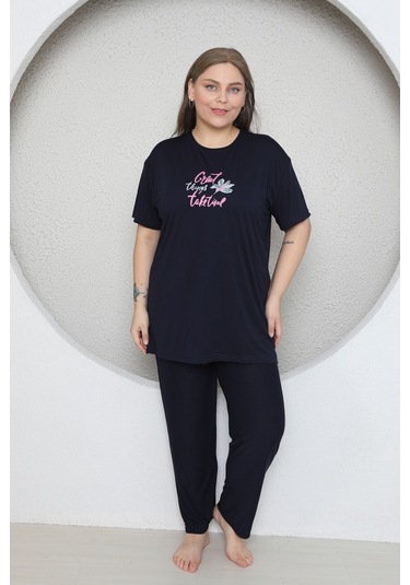 Fames Pijama Büyük Beden Likrali Ring Viskon Kisa Kol Yazlik Pijama Takim Lacivert