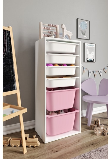 %100 Mdf - Large Mono 6 Sepetli Oyuncak Dolabı Pembe