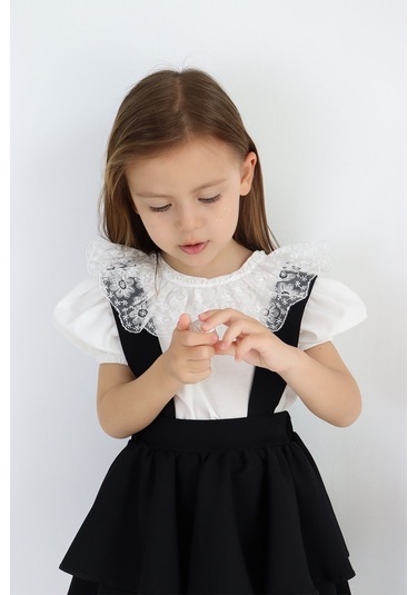 Kız Çocuk Helen Siyah Askılı Kat Kat Bağlama Jile Elbise Dantel Detay Ekru Kısa Kollu Bluz Takım