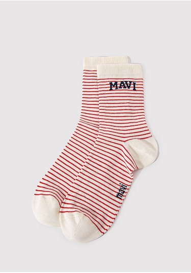 Mavi - Mavi Logo Detaylı Siyah Çizgili Soket Çorap 1912754-84494 Kırmızı