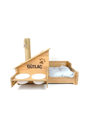 Realwood Ahşap Seramik Kaseli Tırmalama Çubuklu Açık Kapalı Kedi Evi