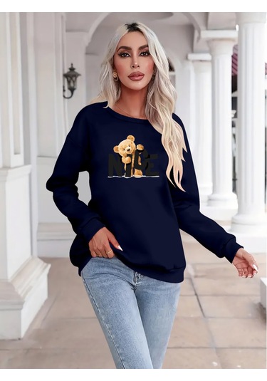 Supplierby Kadın Uzun Kollu Bisiklet Yaka Viskon Iki Iplik Bluz Lacivert