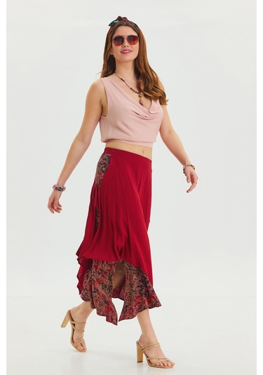 Bağlama Detaylı Beli Lastikli Salaş Etek Kırmızı
