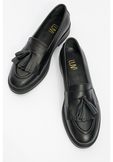 Milina Siyah Cilt Püsküllü Hakiki Deri Kadın Loafer Ayakkabı Siyah Cilt