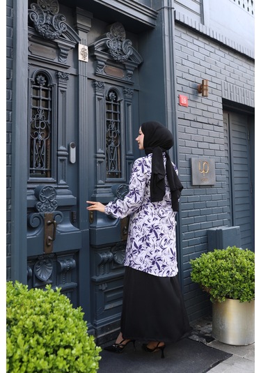 Kadın Mor Çiçek Desenli Pamuk Dokuma Kumaş Tunik Gömlek Etekli Takım Tk1412 Mor