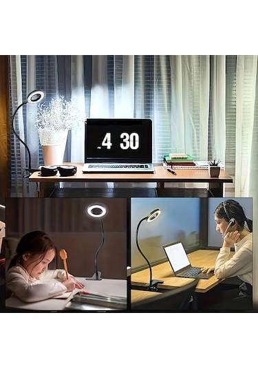 Boatshop1 Modern Usb Şarjlı Siyah Led Klipsiz Masa Lambası 360 Ördek Boyunlu Ayarlanabilir Parlaklık Ofis Okuma Video Konferans İçin Uzay Temalı Tasarım Siyah