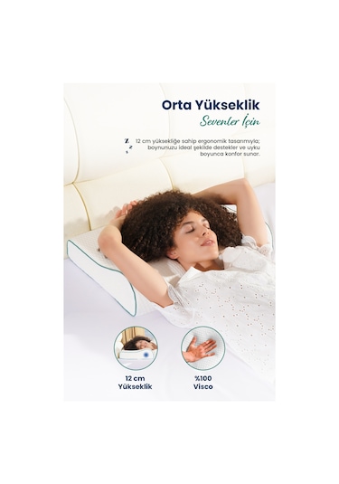 Çift Boyun Destekli Ortopedik Visco Yastık 52x32x12-10cm Beyaz