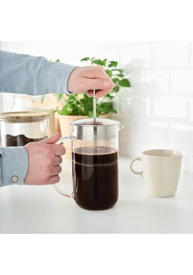 French Press Çay Kahve Demleme Paslanmaz Çelik & Cam & Bambu 1 Litre Gri