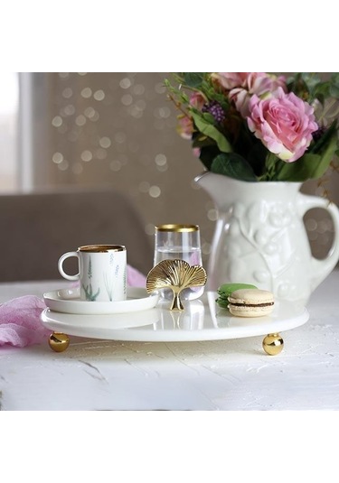 Akayev Mermer Beyaz 28 Cm Altın Boncuk Ayak Ginkgo Sunum Tabağı Beyaz