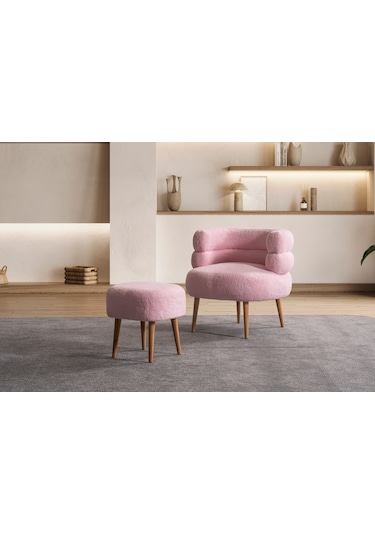 Barel Özel Tasarım Çay Seti, Berjer Ve Puf Ofis Balkon Cafe Bahçe Salon Mobilyası 2 Li Takım Pembe Pembe