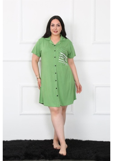 Akbeniz Büyük Beden Penye Düğmeli Yeşil Tunik Gecelik 1025-yeşil Yeşil