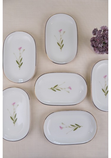 Tabak Evi Porselen Natura Çuha Altın Yaldızlı Oval Kayık Tabak 18x11x2,50cm 6 Lı Çok Renkli