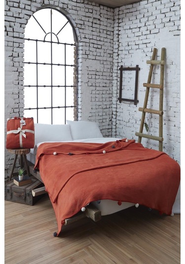 Aksu Tek Kişilik Ponponlu Pike Battaniye 150x200 Kiremit