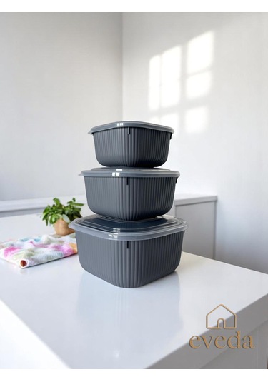 Eveda Snaplid Line Kare Üçlü Set Antrasit
