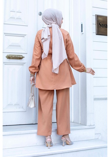Bronş Detaylı Tesettür Camel Takım Camel