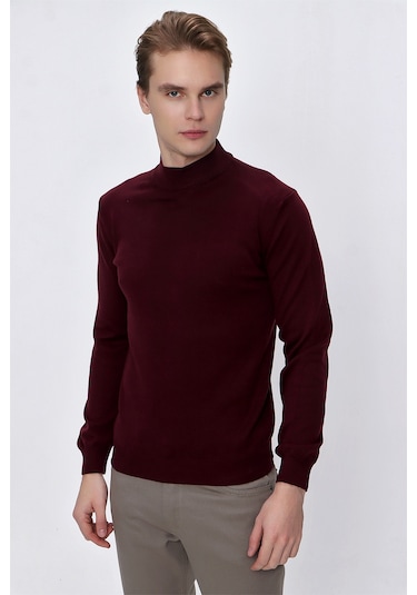 Basic Dinamik Fit Rahat Kesim Yarım Balıkçı Yaka Triko Kazak 99kc017002752 Koyu Bordo