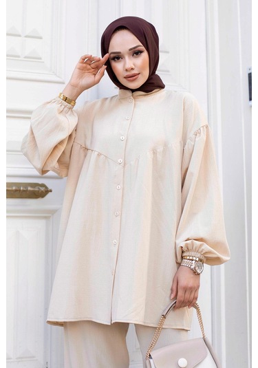 Balon Kol Tesettür Bej Takım Bej