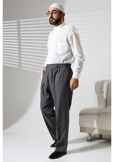 Erkek Beli Lastikli Cepli Hac Ve Umre Kışlık Yün Efektli Şalvar Pantolon - Gri İsr Gri