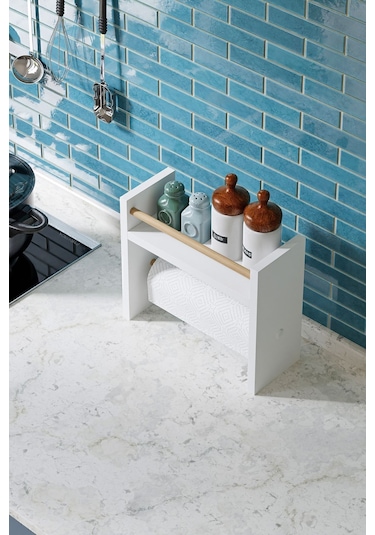 Rulo Havlu Takılabilir Baharatlık Standı Tezgah Üstü Düzenleyici Ahşap Raf - Beyaz