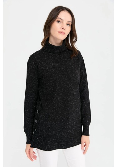 Desen Triko Kadın Tam Balıkçı Yaka Dikişsiz Kazak 23391 Siyah Siyah
