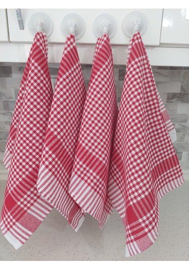 Pamuklu Kırmızı Renkli Pöti Kareli 4'lü Kurulama Bezi,peçete