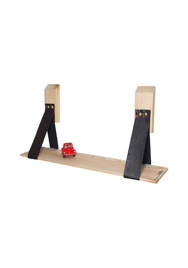 Doğal Ahşap Duvar Deri Kemerli Raf Kitaplık Süs rafı 50cm