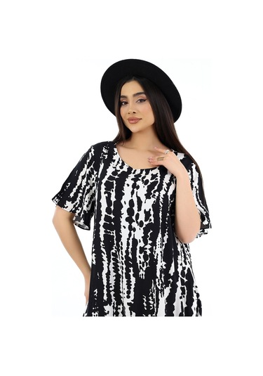 Schık Kadın Viskon Yarım Kol O Yaka Cepli Fırfırlı Elbise Siyah Siyah