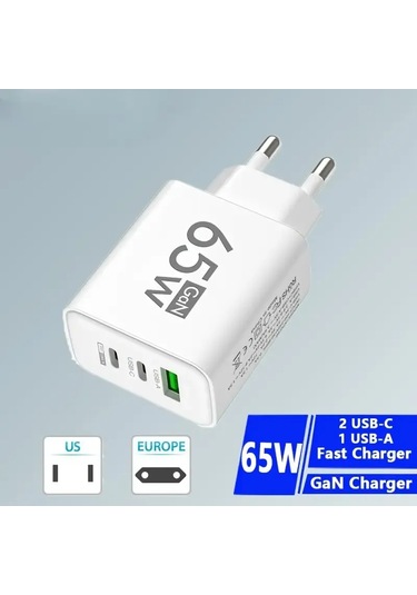 Dofolink 65w Hızlı Şarj Cihazı, 1u+2pd Çoklu Usb-c/usb Port, Avrupa Standartı, İphone Ve Android Uyumlu, Sarı