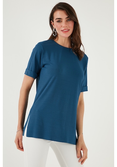 Lela Oversize Bisiklet Yaka Yırtmaç Detaylı Bayan Bluz 5869000 Indigo