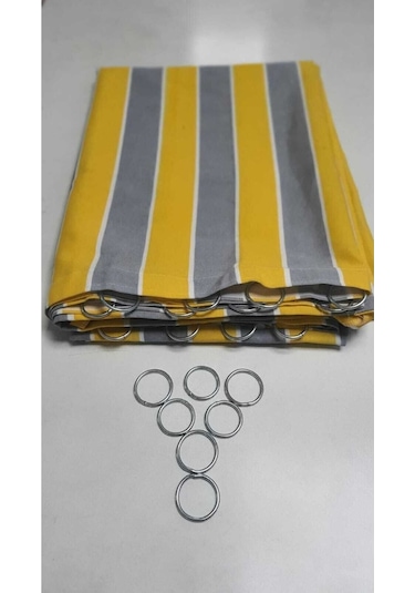 Devrim Olivya Tekstil Demir Halkalı Balkon Perdesi - 1. Sınıf Gabardin Kumaş, Gri-krem, Alt Ve Yan Bağcıklı Sarı Gri