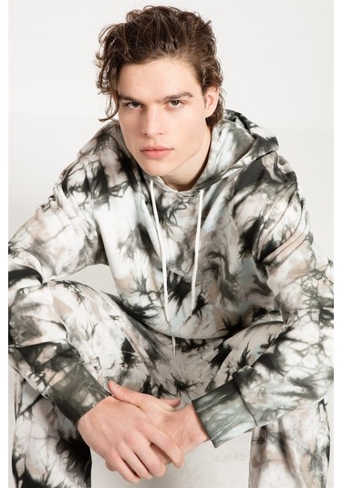 Jahr Marc Batik Yıkamalı Gri Oversize Erkek Kapüşonlu Sweatshirt Gri